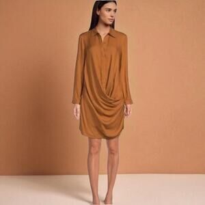 Gianni Bini Long Sleeve Dress Draped Button Down Large Brown New